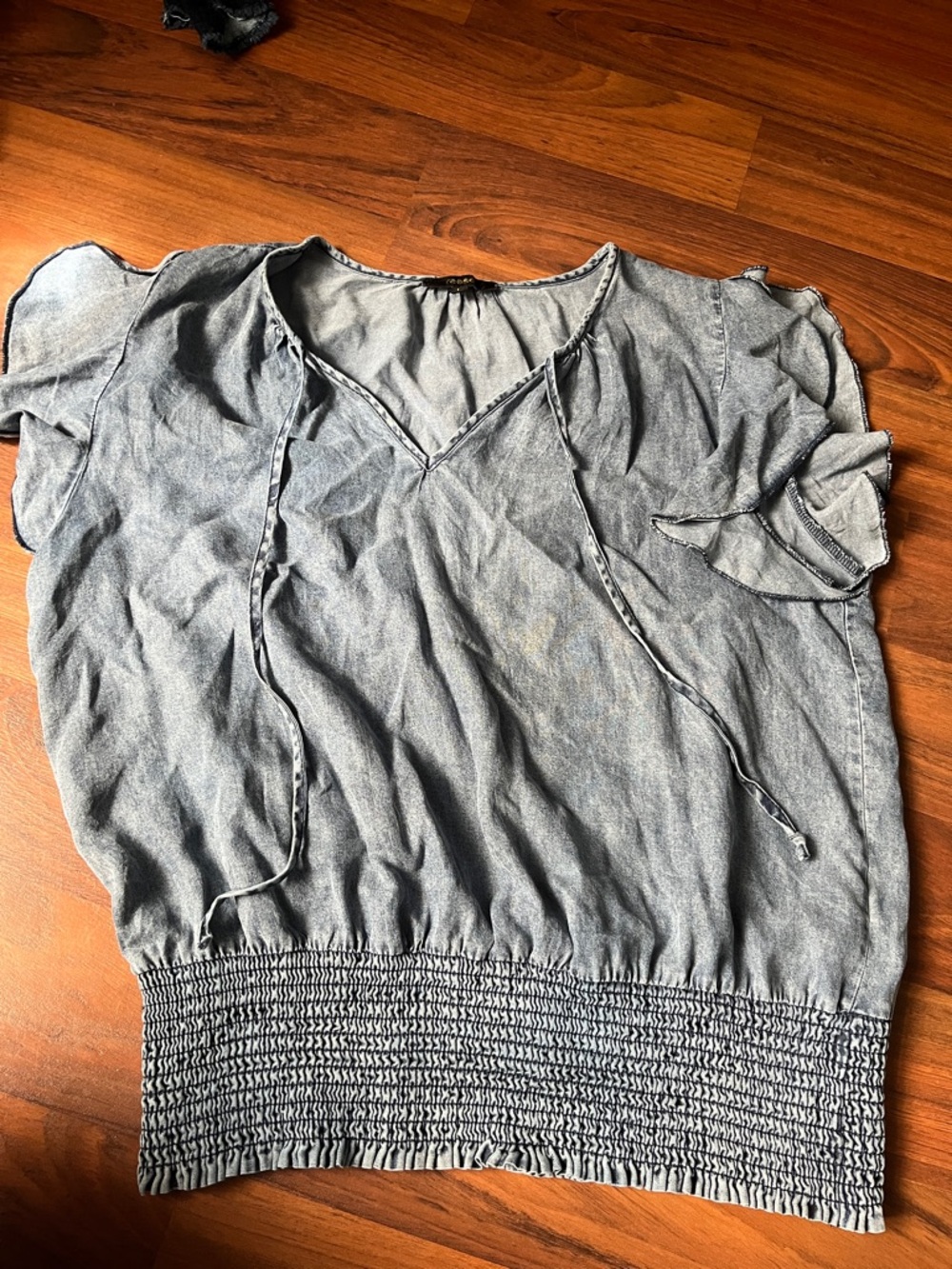 Washed Light Blue V-Neck Smocked-Hem Women's Tunic